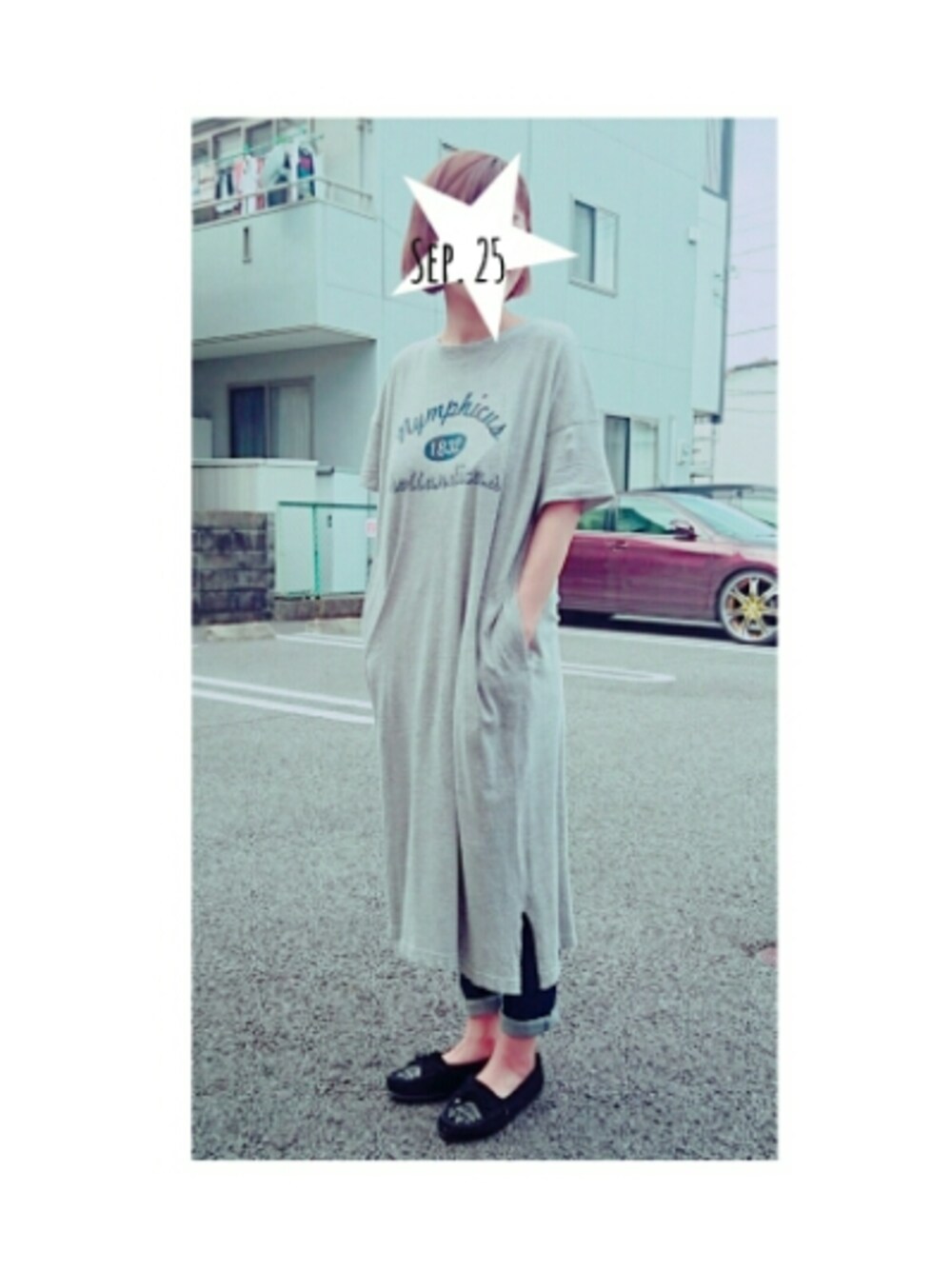 「シンプルコーデ、Tシャツワンピ、モカシンシューズ」｜「POTION N゜(18)のアイテム（ワンピース、グレー系）」を使った、moeさん（レディース・161cm）の秋コーディネートの1枚目の写真