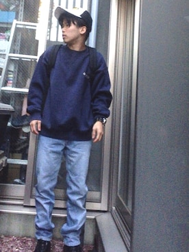 「メッシュキャップ」｜「アイテム（スウェット）」を使った、HIRAさん（メンズ・165cm）の冬コーディネート