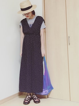 「むぎわら帽子」｜「アイテム（つなぎ/オールインワン）」を使った、yumaさん（レディース・165cm）の春コーディネート