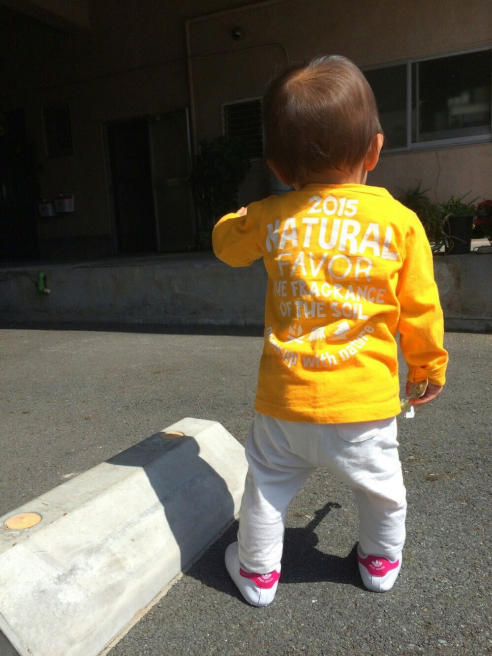 「子供カッコイイ、０歳、シンプルコーデ、スタンスミス、つばめ観察、ドラフトFO」｜「BREEZEのアイテム（Tシャツ/カットソー、イエロー系）」を使った、sakuさん（キッズ・70cm）の春コーディネートの1枚目の写真
