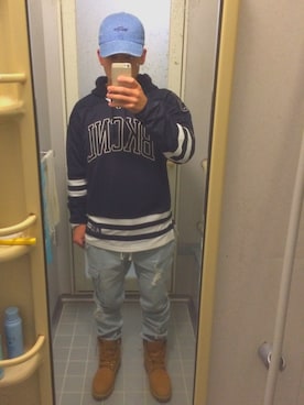 「cassettepunch.（カセットパンチ）のアイテム（帽子）」を使った、猿の優さん（メンズ・164cm）の秋コーディネート