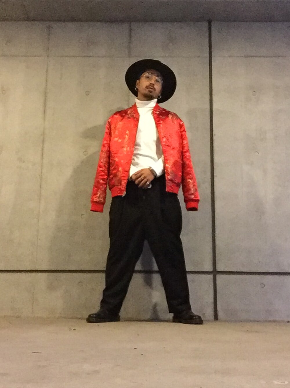 「秋コーデ、supreme、スカジャン、ガウチョパンツ、タートルネック、ハット、ATTACKDEM、AMBUSH、Dr.Martens」｜「Supreme のアイテム（ジャケット/アウター、レッド系）」を使った、MILO(ATTACKDEM)さん（メンズ・160cm）の秋コーディネートの1枚目の写真