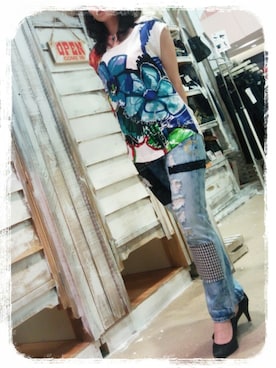 「Desigual（デシグアル）のアイテム（Tシャツ/カットソー）」を使った、SHIMAさん（レディース・158cm）の夏コーディネート