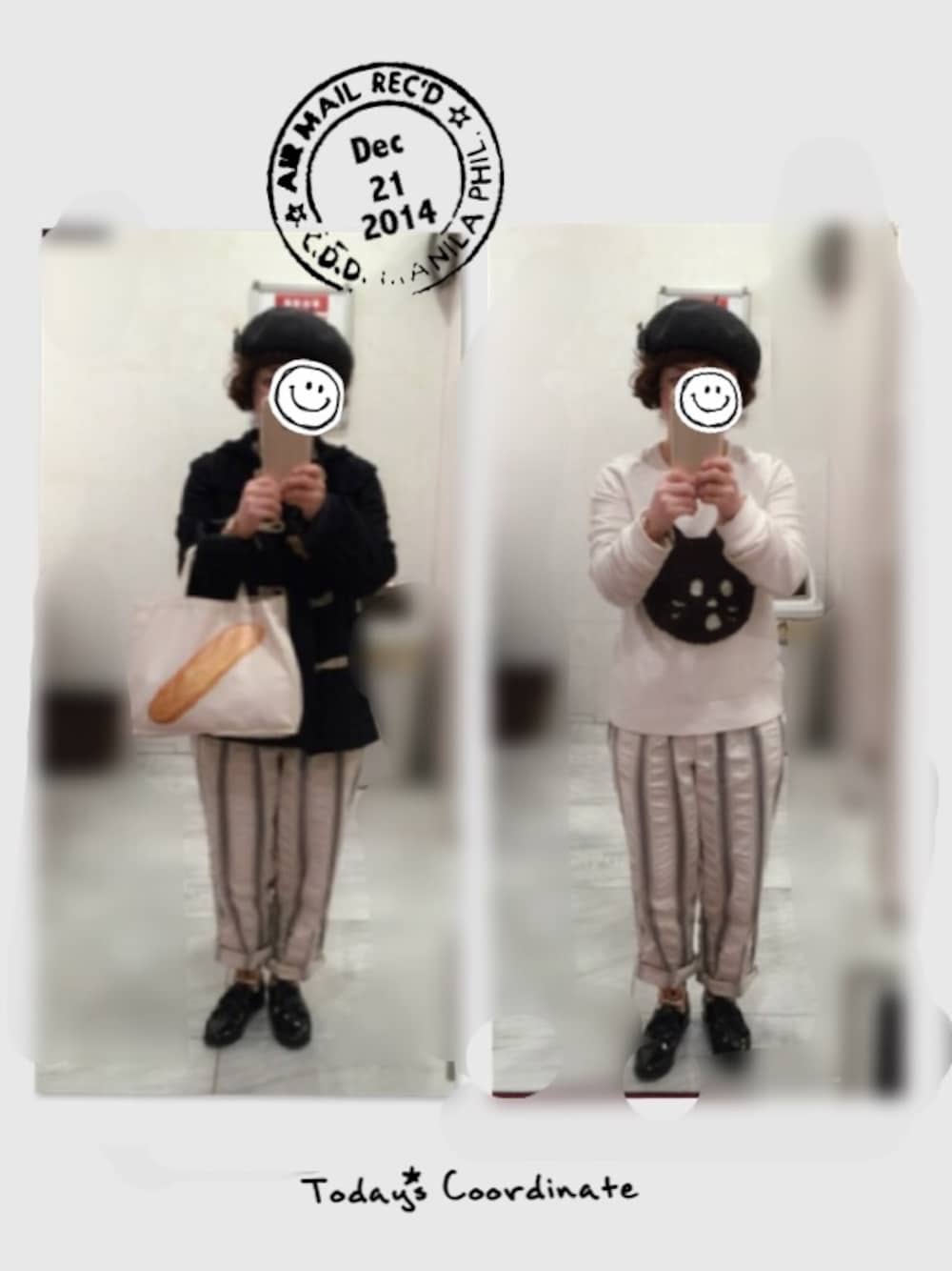 「マニッシュシューズ、ストライプパンツ、にゃー」｜「Ne-netのアイテム（Tシャツ/カットソー、ベージュ系）」を使った、ビスケさん（レディース・145cm）の冬コーディネートの1枚目の写真