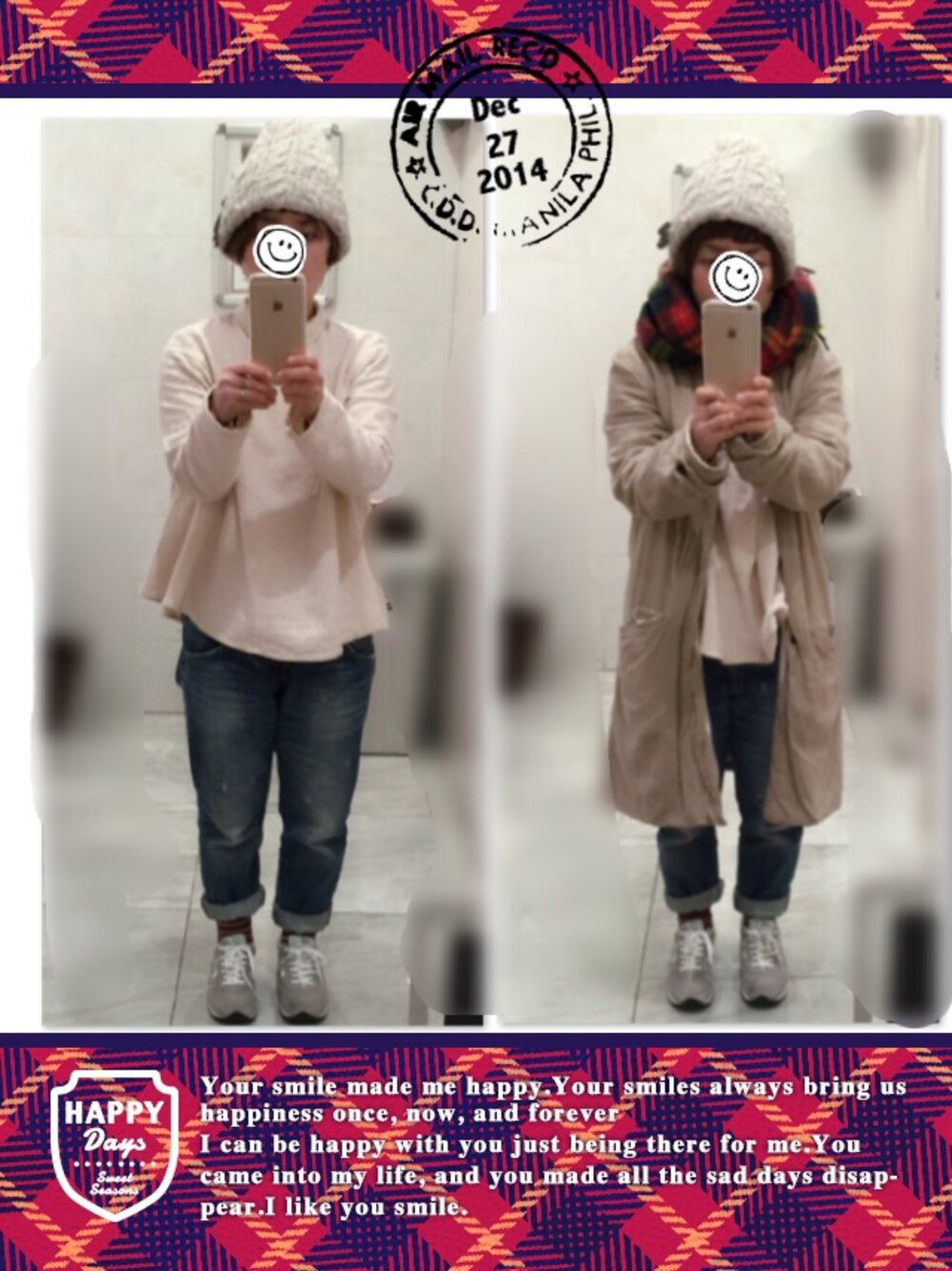 ベージュ系のシャツ/ブラウス、ブルー系のバックパック/リュック、ベージュ系のステンカラーコートを着用したレディースの冬コーディネートの1枚目の写真