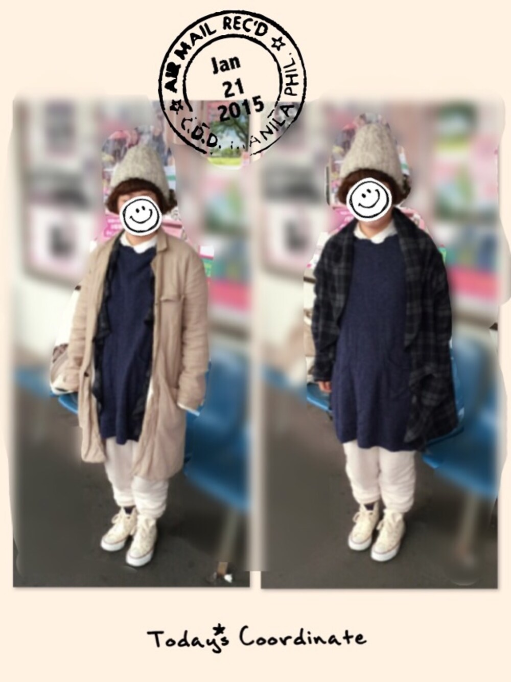 ホワイト系のシャツ/ブラウス、ブルー系のニット/セーター、ブラック系のカーディガン/ボレロを着用したレディースの冬コーディネートの1枚目の写真