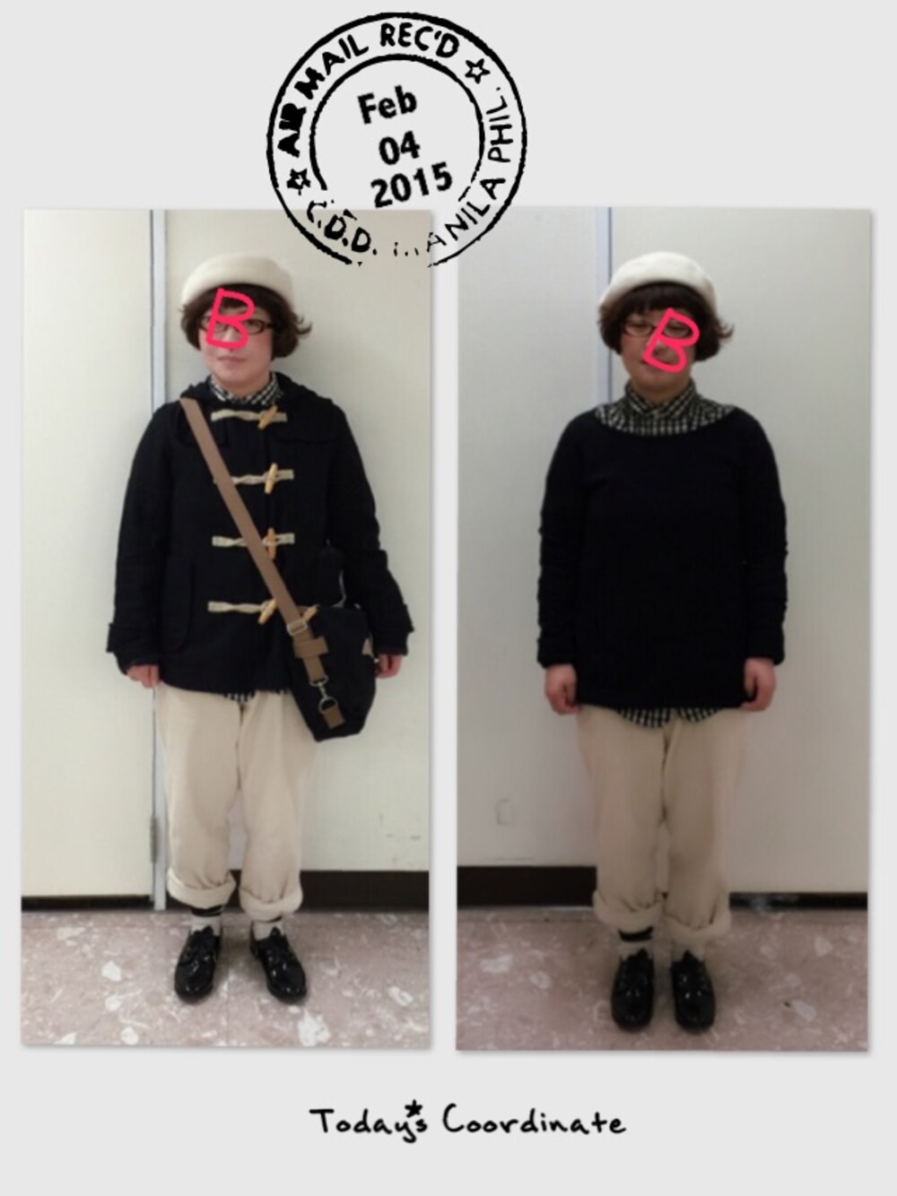 「ダッフルコート、レースアップシューズ、ダテメガネ、モノトーン、ゼッケンバッグ、wear東北」｜「CUBE SUGARのアイテム（シャツ/ブラウス、ベージュ系）」を使った、ビスケさん（レディース・145cm）の冬コーディネートの1枚目の写真