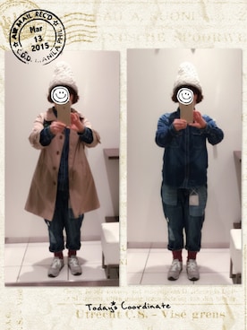 「POU DOU DOU（プードゥドゥ）のアイテム（ステンカラーコート）」を使った、ビスケさん（レディース・145cm）の春コーディネート