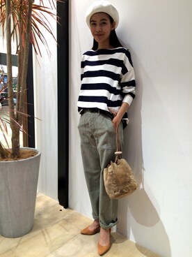 「BEAUTY&YOUTH UNITED ARROWS（ビューティーアンドユースユナイテッドアローズ）のBY∴ ワイドボーダー袖ニットカットソー -手洗い可能-（Tシャツ/カットソー、ホワイト系）」を使った、Sayaka Toujouさん（レディース・160cm）の夏コーディネート