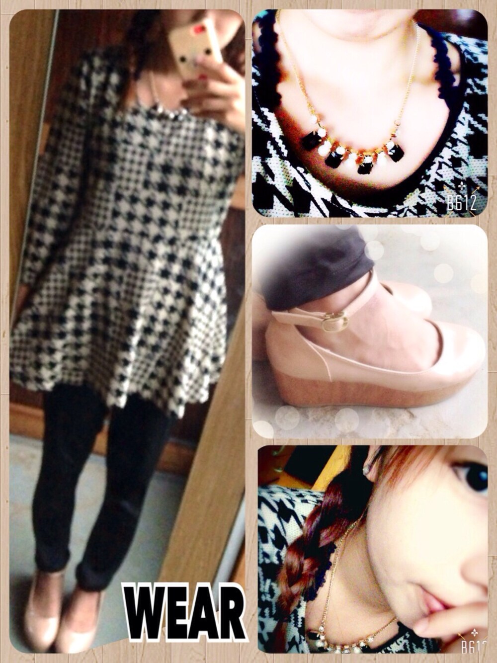 「千鳥柄、earth music&ecology、パンプス、パステルカラー、白黒、三つ編み、秋のコーデ、heartdance」｜「earth music&ecologyのアイテム（パンプス、ピンク系）」を使った、ayu.さん（レディース・156cm）の秋コーディネートの1枚目の写真
