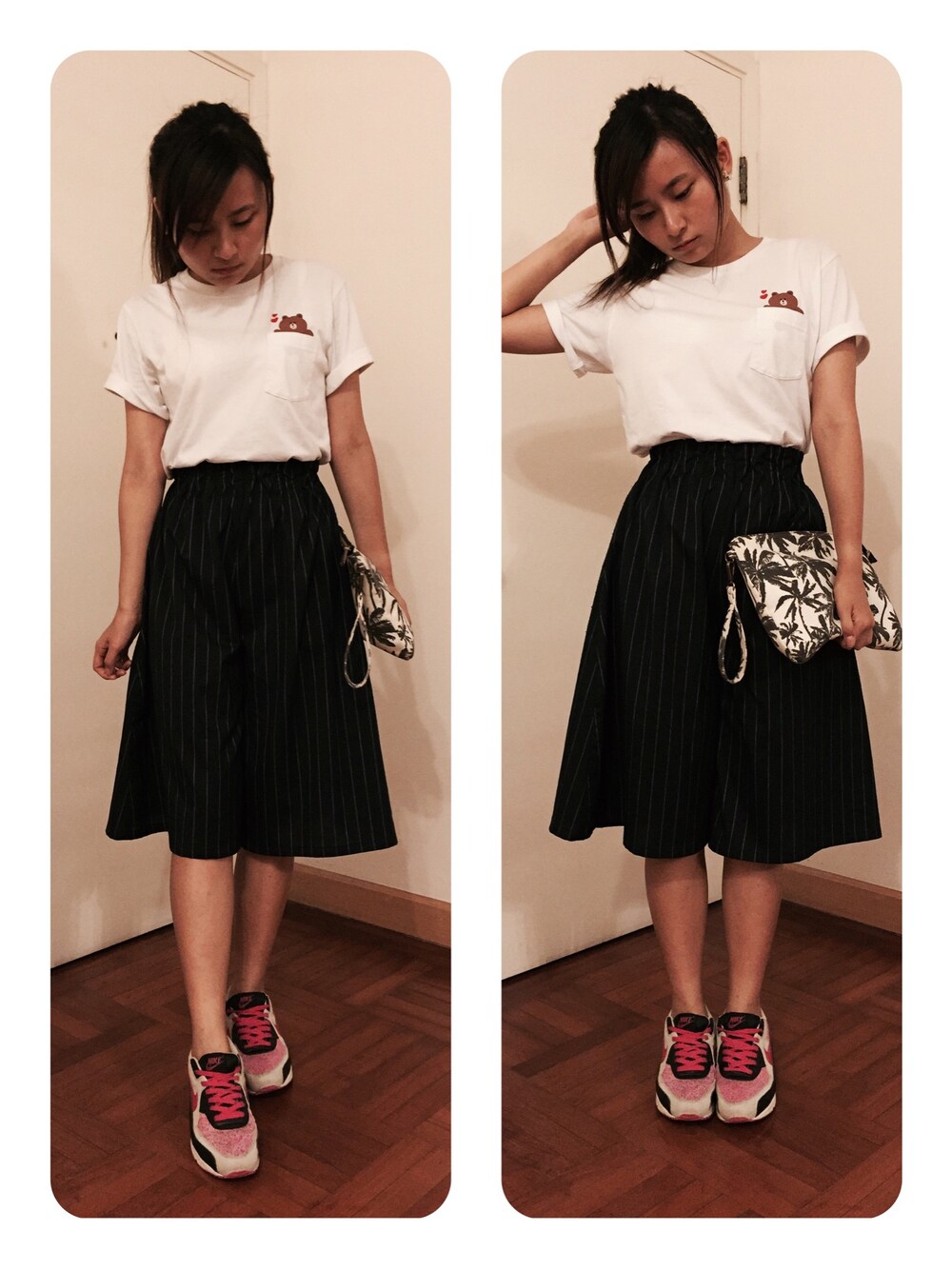 「UNIQLO、LINE FRIENDS、NIKE AIR MAX」｜「UNIQLOのアイテム（Tシャツ/カットソー、ホワイト系）」を使った、CandiceHoiさん（レディース・168cm）の秋コーディネートの1枚目の写真