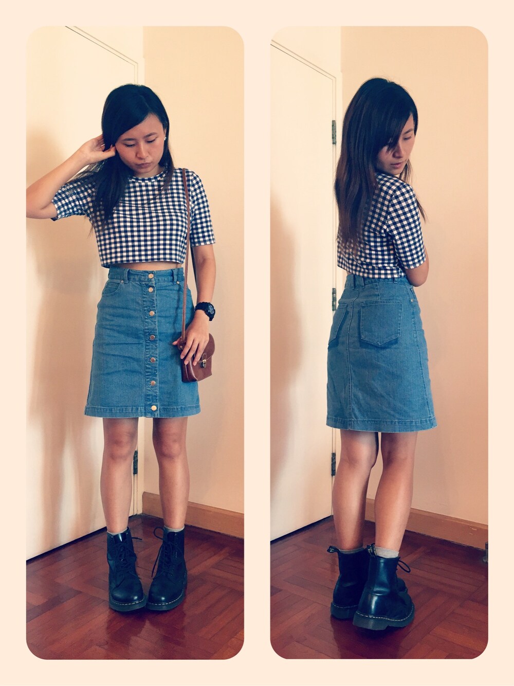 「school、schoolgirl、demin、DrMartens、grid、blue」｜「H&Mのアイテム（Tシャツ/カットソー、ブルー系）」を使った、CandiceHoiさん（レディース・168cm）の秋コーディネートの1枚目の写真