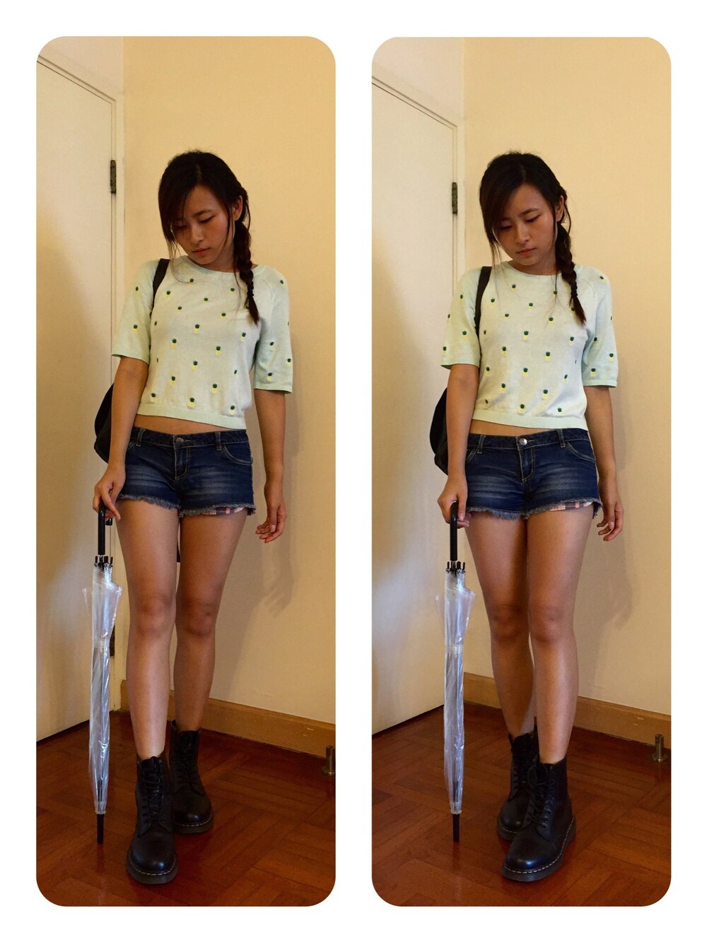 「rainy、pineapple、tiffanyblue、schoolgirl、school」｜「H&Mのアイテム（ニット/セーター、グリーン系）」を使った、CandiceHoiさん（レディース・168cm）の秋コーディネートの1枚目の写真
