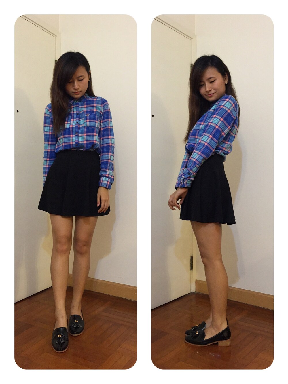 「HOLLISTER、college、blue、school、schoolgirl」｜「Hollisterのアイテム（シャツ/ブラウス、ブルー系）」を使った、CandiceHoiさん（レディース・168cm）の秋コーディネートの1枚目の写真