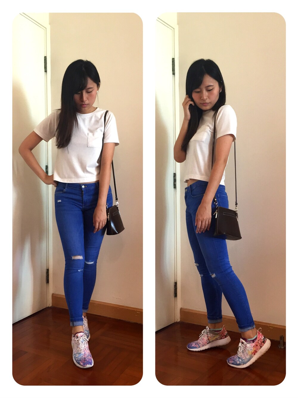 「秋コーデ、INGNI、ZARA、jeans、ジーンズ、school」｜「INGNIのアイテム（Tシャツ/カットソー、ホワイト系）」を使った、CandiceHoiさん（レディース・168cm）の秋コーディネートの1枚目の写真