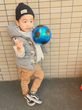 「サッカー」｜「アイテム（ダウンジャケット/コート）」を使った、coco⁂さん（キッズ・90cm）の春コーディネート
