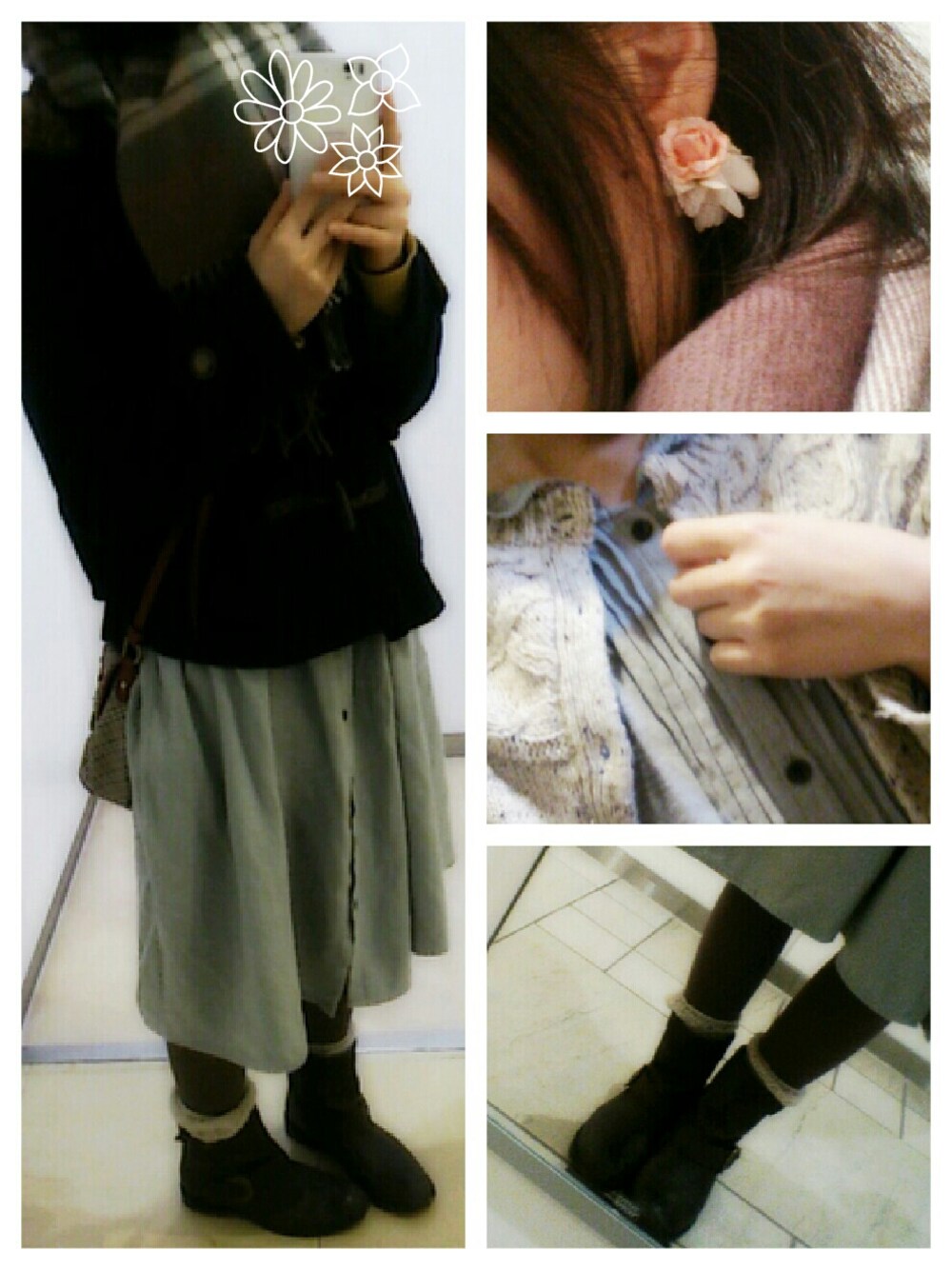 グリーン系のワンピース、ベージュ系のカーディガン/ボレロ、ブルー系のダッフルコートを着用したレディースの冬コーディネートの1枚目の写真