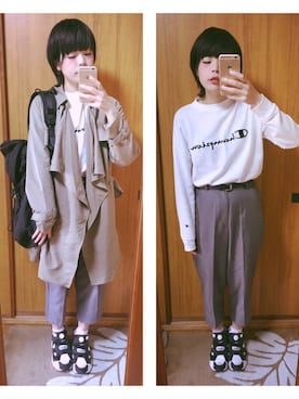 「E hyphen world gallery（イーハイフンワールドギャラリー）のChampion ロゴクルーネックプルオーバー（スウェット）」を使った、ё☆ёさん（レディース・159cm）の冬コーディネート