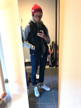 「Champion（チャンピオン）のアイテム（ベスト）」を使った、まかろにさん（メンズ・175cm）の秋コーディネート