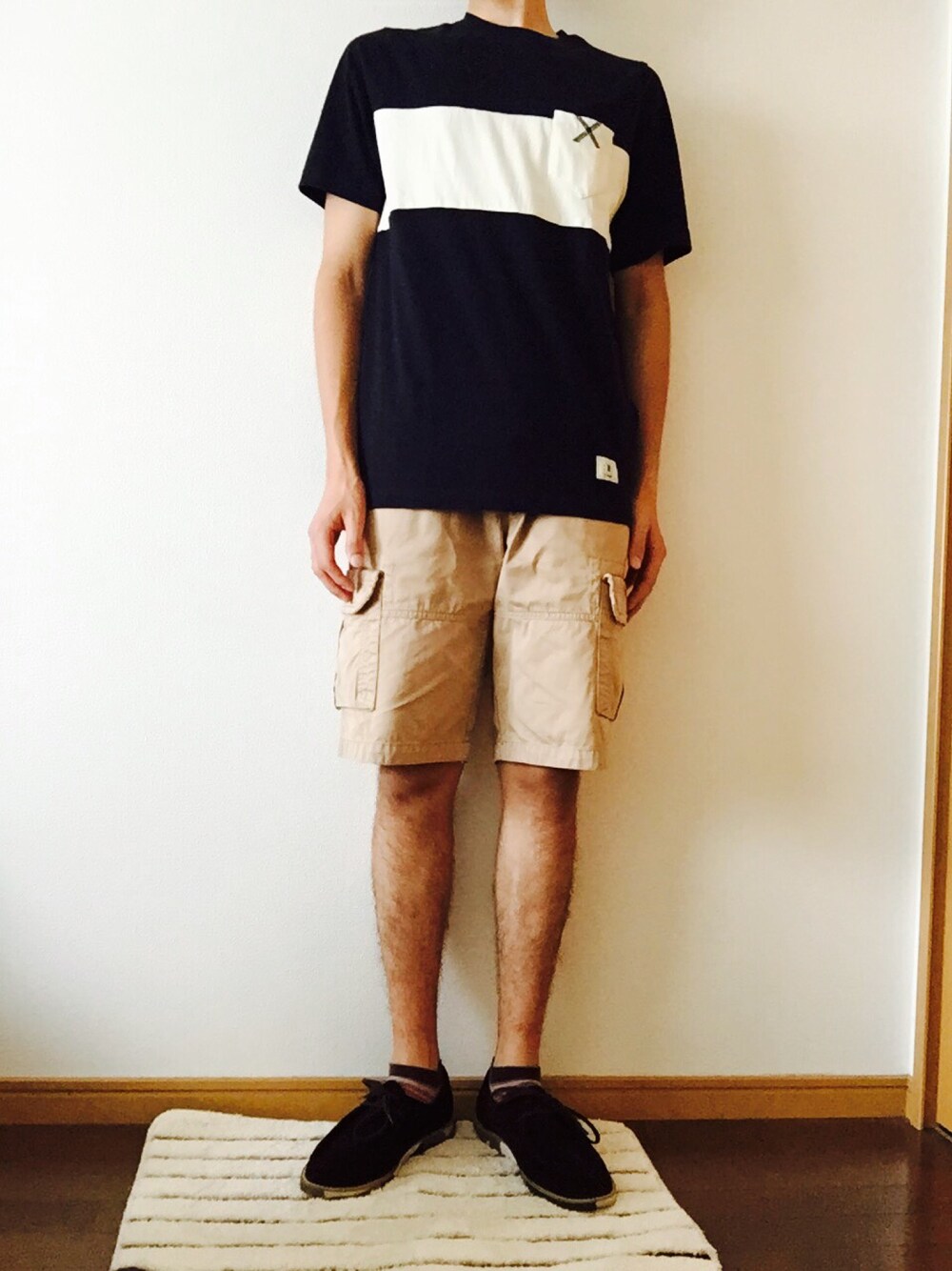 「コラボTシャツ、タンパンスタイル、Tシャツ、アツい、くつした」｜「And Aのアイテム（Tシャツ/カットソー、ブルー系）」を使った、sanokeisukeさん（メンズ・172cm）の夏コーディネートの1枚目の写真