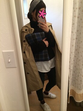 「黒タートルネック」｜「アイテム（トレンチコート）」を使った、riiさん（レディース・165cm）の冬コーディネート