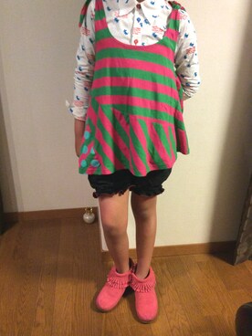 「BOOFOOWOO（ブーフーウー）のカラフルボーダータンクトップ（タンクトップ、ピンク系）」を使った、mahaloさん（レディース）の春コーディネート