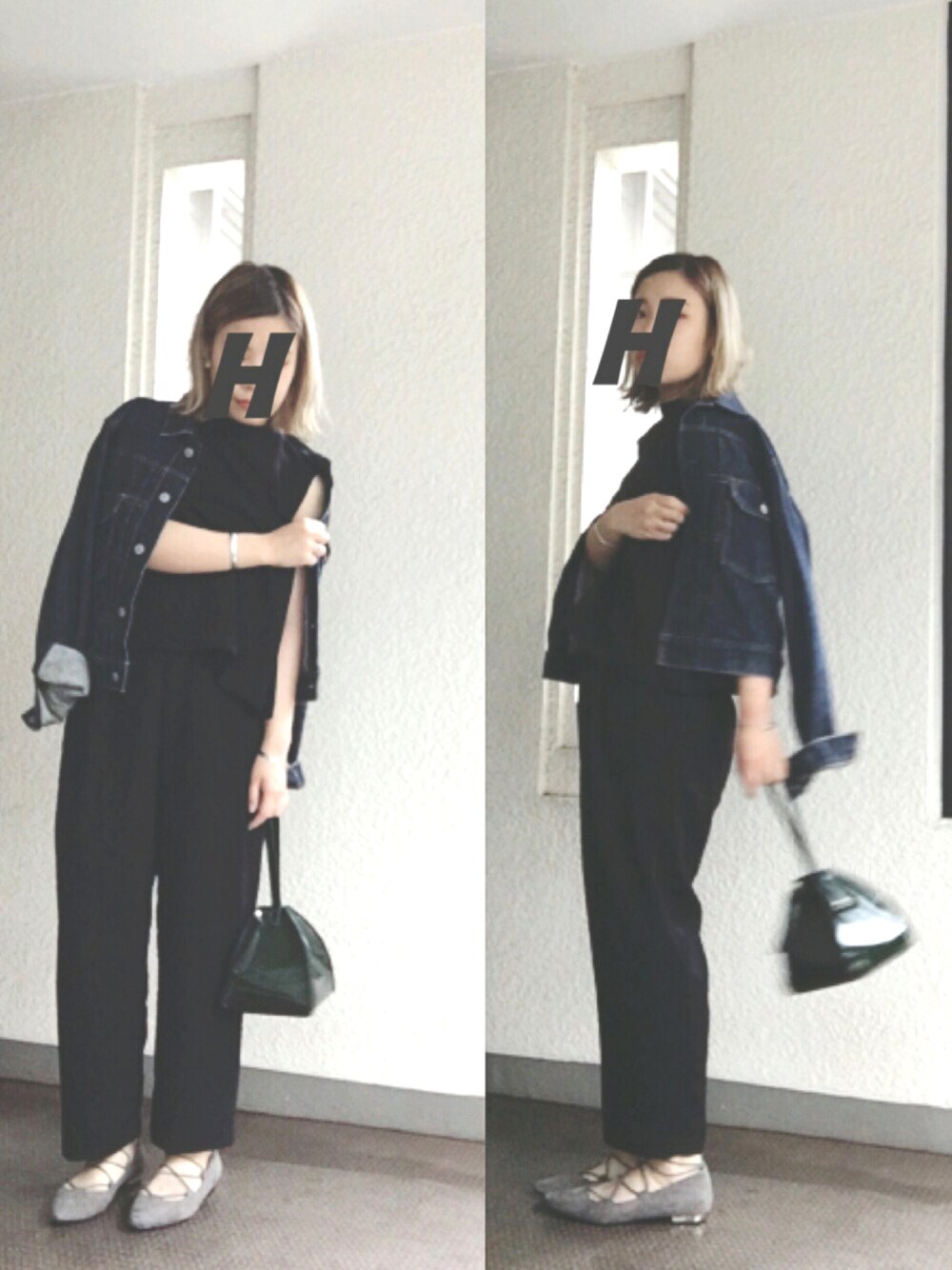 ブラック系のサロペット/オーバーオール、グリーン系のハンドバッグ、グレー系のパンプスを着用したレディースの秋コーディネートの1枚目の写真