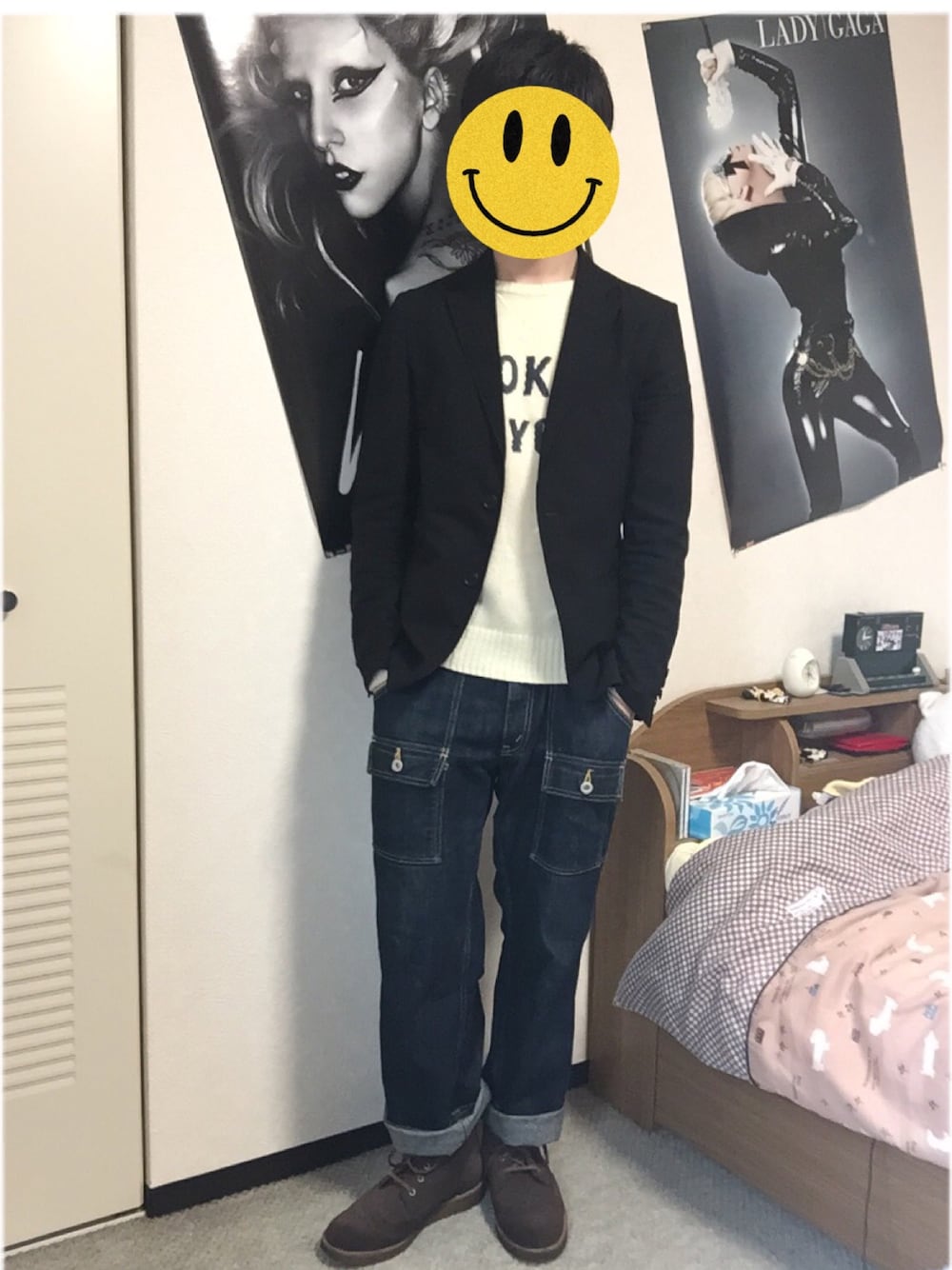「comme ca ism、purple&yellow、clarks、ブーツ、ニット」｜「Clarksのアイテム（ブーツ、ブラウン系）」を使った、PYON.さん（メンズ・166cm）の春コーディネートの1枚目の写真