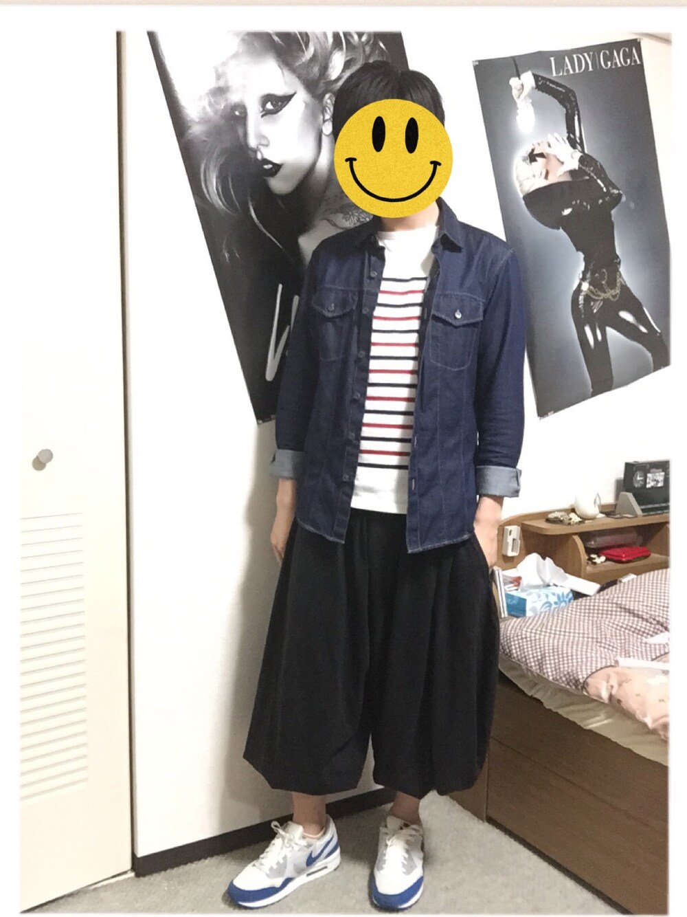 「サルエルパンツ、デニムジャケット、ボーダー、スニーカー、AIR MAX」｜「GUのアイテム（デニムジャケット、ブルー系）」を使った、PYON.さん（メンズ・166cm）の春コーディネートの1枚目の写真