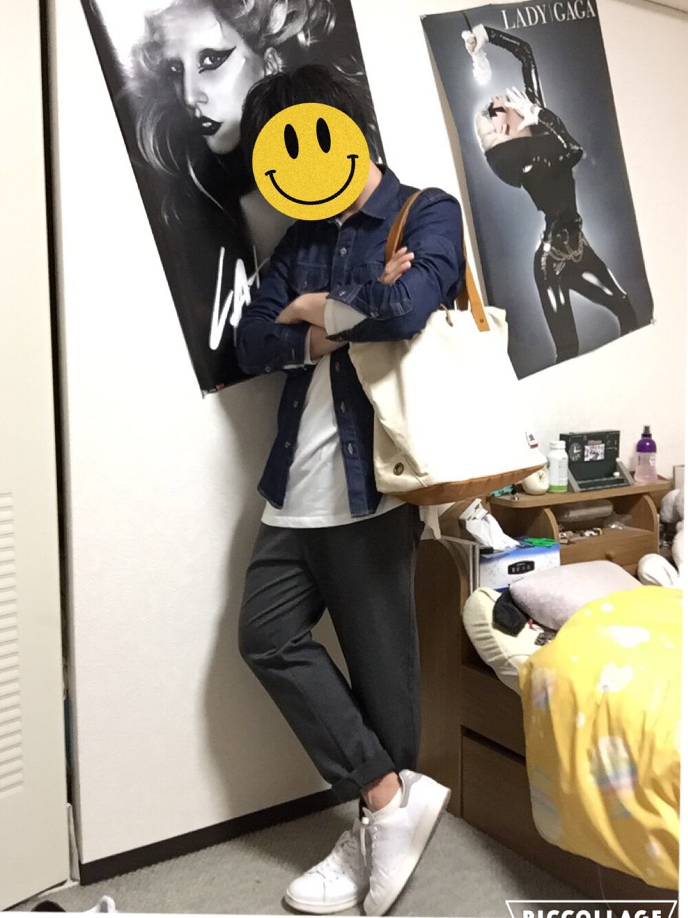 「comme ca ism、adidas、スニーカー、シンプル、ジャージーパンツ、デニムジャケット」｜「GUのアイテム（デニムジャケット、ブルー系）」を使った、PYON.さん（メンズ・166cm）の春コーディネートの1枚目の写真