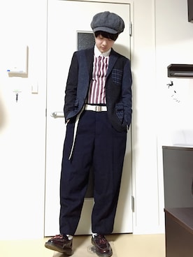 「柄×柄」｜「アイテム（キャスケット）」を使った、たきざわさん（メンズ・169cm）の冬コーディネート