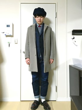 「アイテム（キャスケット、ブルー系）」を使った、たきざわさん（メンズ・169cm）の冬コーディネート