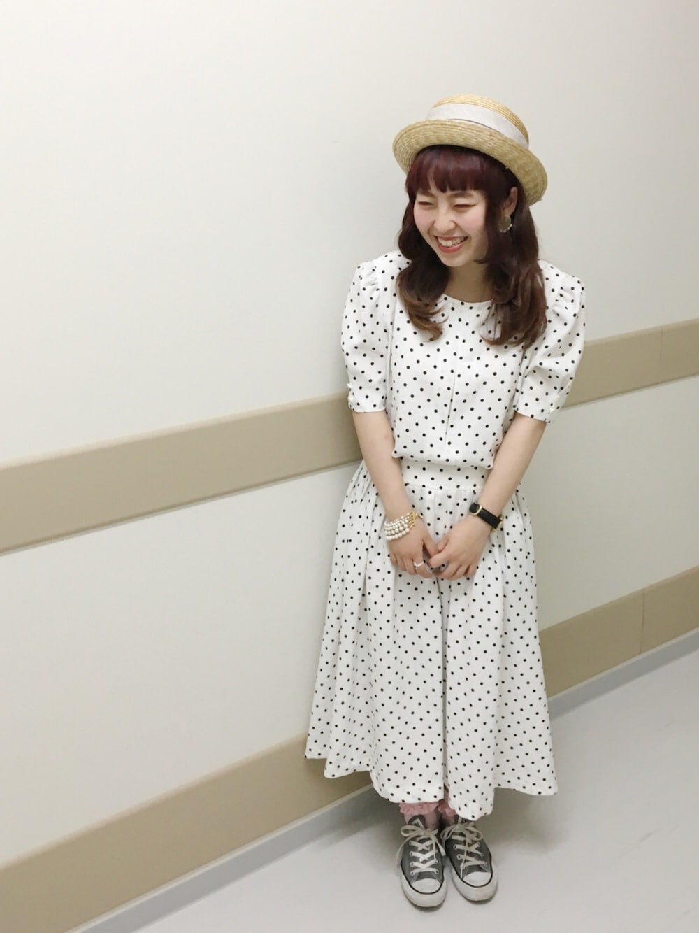 「シンプルコーデ、休日スタイル、夏コーデ、カオリノモリ、used、ガーリー、むぎわら帽子、ドット、ワンピース、帽子」｜「kaorinomoriのアイテム（ハット、ホワイト系）」を使った、やまもさん（レディース・150cm）の春コーディネートの1枚目の写真