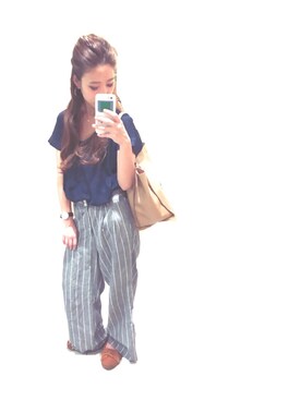 「ROPE' PICNIC（ロペピクニック）の布帛使いスクエアプルオーバー（トップス、レッド系）」を使った、ka_yoさん（レディース・160cm）の夏コーディネート