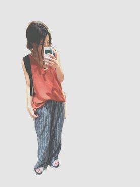 「Ungrid（アングリッド）の【Casual】Vﾈｯｸﾉｰｽﾘﾆｯﾄ（ニット/セーター、オレンジ系）」を使った、ka_yoさん（レディース・160cm）の夏コーディネート