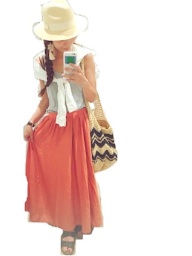 「ROPE' PICNIC（ロペピクニック）のブレード中折れつば広ハット（ハット、ベージュ系）」を使った、ka_yoさん（レディース・160cm）の夏コーディネート