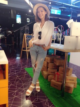 「帽子（寬邊帽、その他）」を使った、kayaさん（レディース・159cm）の夏コーディネート