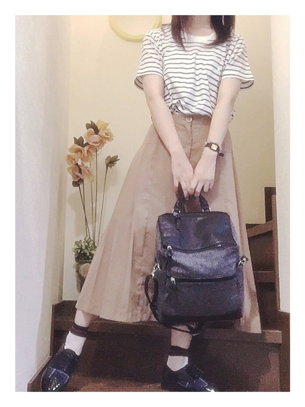 「ボーダー、ガウチョパンツ、スカンツ、ナチュラル、アースカラー、シンプル、大人カジュアル、ボーダーTシャツ、プチプラ、プチプラコーデ」｜「coenのスラブボーダーポケットTシャツ（Tシャツ/カットソー、ホワイト系）」を使った、cbskさん（レディース・149cm）の夏コーディネートの1枚目の写真