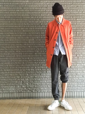 「Design Tshirts Store graniph（デザイン　ティーシャツ　ストア　グラニフ）のアイテム（ステンカラーコート）」を使った、のろ助さん（メンズ・177cm）の秋コーディネート