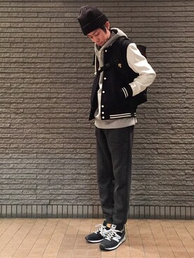 「プルオーバーパーカー」｜「アイテム（スタジャン）」を使った、のろ助さん（メンズ・177cm）の冬コーディネート
