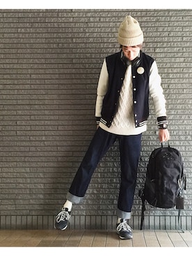 「靴下チラ見せ」｜「アイテム（スタジャン）」を使った、のろ助さん（メンズ・177cm）の冬コーディネート