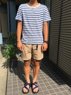 「アイテム（サンダル、ブルー系）」を使った、HASSHIさん（メンズ・170cm）の夏コーディネート