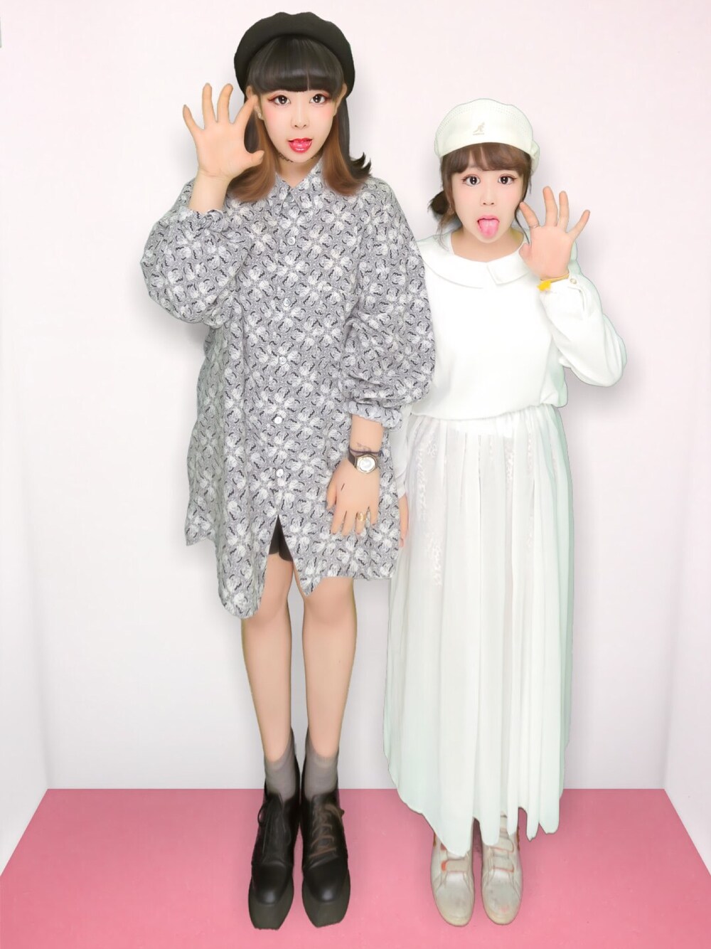 「柄シャツ、ベレー帽、古着、i、厚底シューズ、黒、モノトーン、プリクラ、古着MIX、外ハネ」｜「古着 oogのアイテム（シャツ/ブラウス、シルバー系）」を使った、onatsu さん（レディース・165cm）の春コーディネートの1枚目の写真