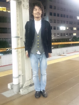 「タートルネックカットソー」｜「アイテム（アクセサリー）」を使った、福田雅人さん（メンズ・165cm）の秋コーディネート