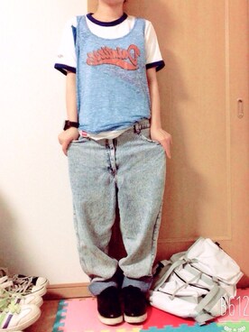 「THE EMPORIUM（ジエンポリアム）のアイテム（タンクトップ、ブルー系）」を使った、*さあや*さん（レディース・150cm）の春コーディネート