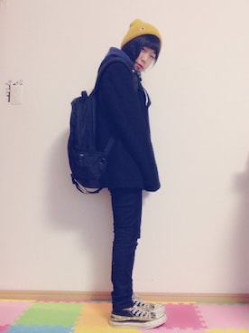 「Champion（チャンピオン）の【CHAMPION】ワッチキャップ 《Dream shizukaさん、ErieさんCMにて着用》（ニットキャップ/ビーニー、イエロー系）」を使った、*さあや*さん（レディース・150cm）の秋コーディネート