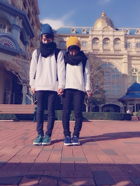 「Champion（チャンピオン）の【CHAMPION】ワッチキャップ 《Dream shizukaさん、ErieさんCMにて着用》（ニットキャップ/ビーニー、イエロー系）」を使った、*さあや*さん（レディース・150cm）の秋コーディネート