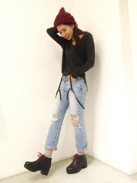 「コーディネート」｜「アイテム（ブーティ）」を使った、hamaさん（レディース・162cm）の秋コーディネート