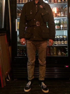 「Barbour（バブアー）のアイテム（ライダースジャケット）」を使った、娄DERさん（メンズ・178cm）の秋コーディネート