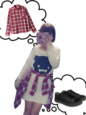 「GRL（グレイル）のアイテム（シャツ/ブラウス、レッド系）」を使った、mikaさん（レディース・156cm）の春コーディネート